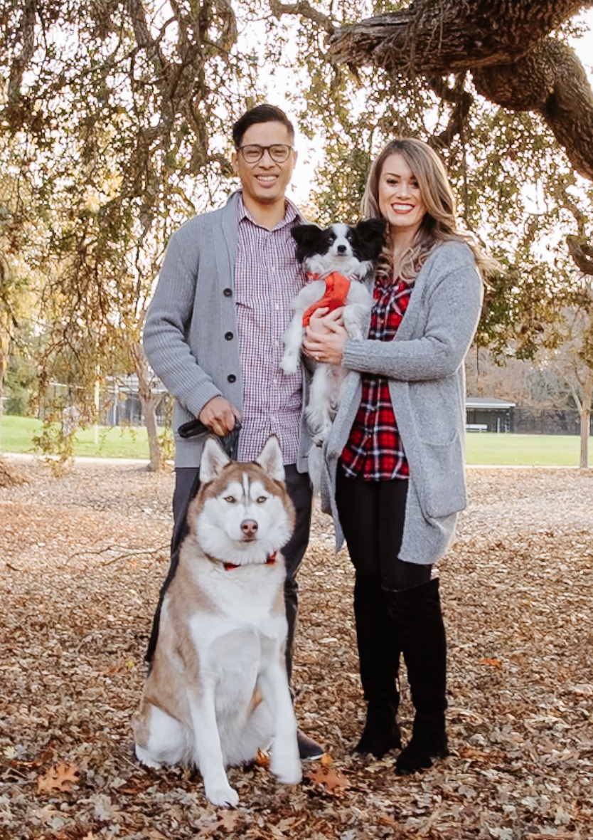 Anna, Ares, Pixel and George outdoors in autumn