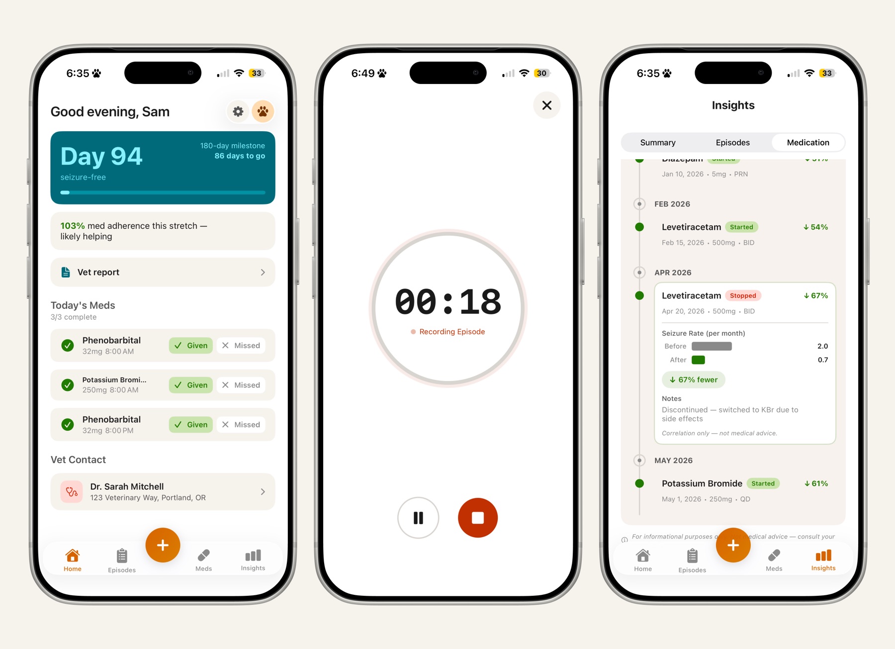 Three Ares screens: the home view, the episode timer, and the medication timeline