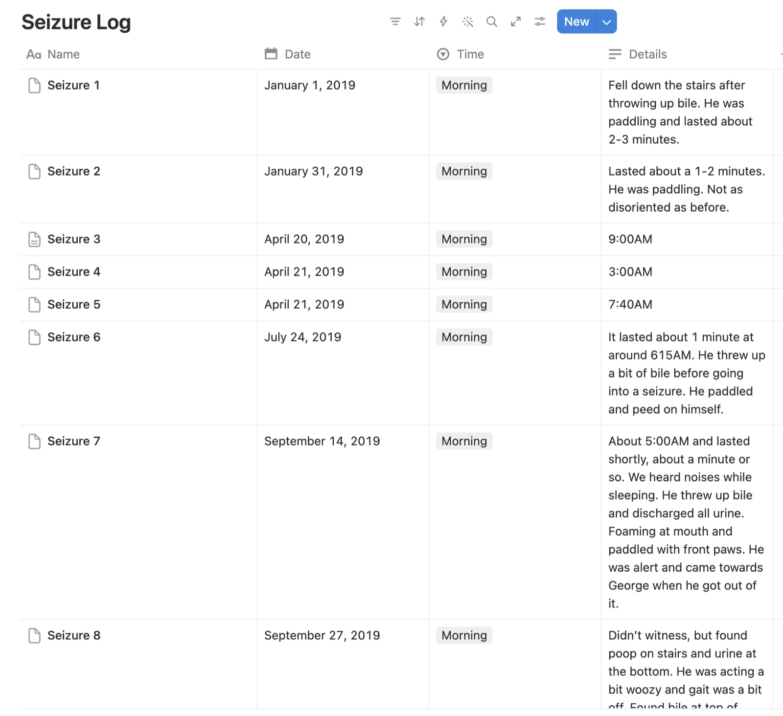 The original Notion table titled Seizure Log, with columns for name, date, time and details, listing eight seizures logged across 2019
