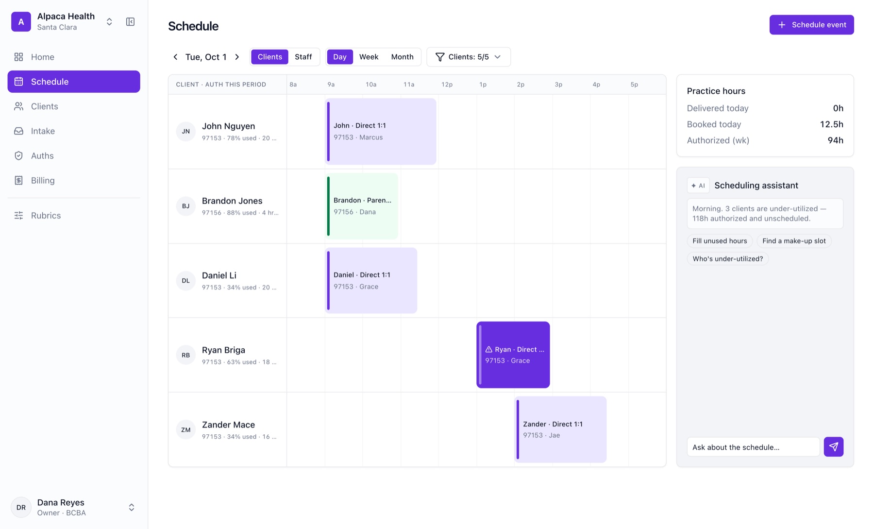 Alpaca Health scheduling board with per client authorization use and an AI scheduling assistant, recreated with sample data