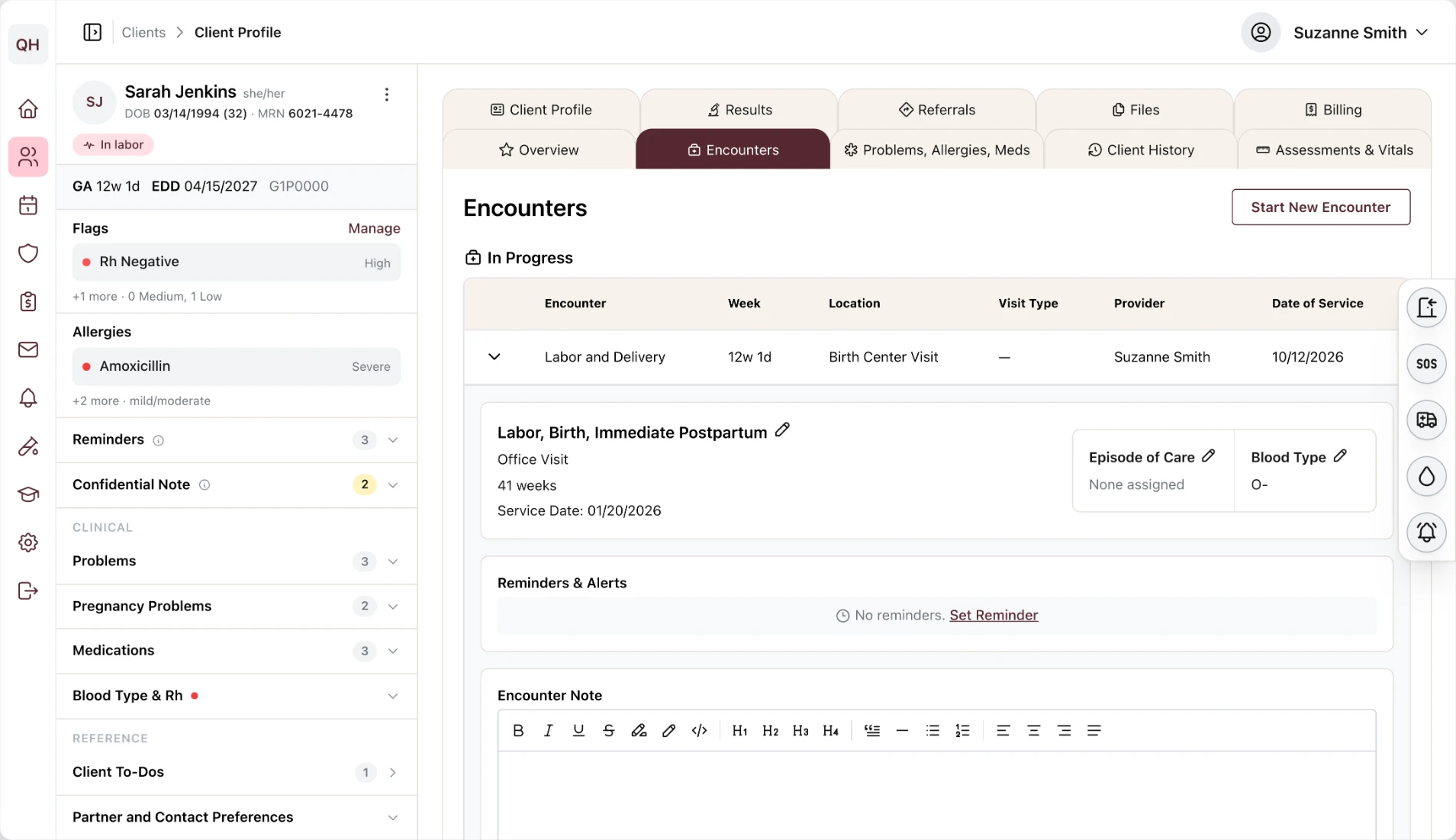 Quilted Health EHR client profile with a labor and delivery encounter in progress