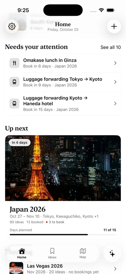 Nani Home screen: bookings that need attention, and the Japan 2026 trip up next with 11 of 15 days planned