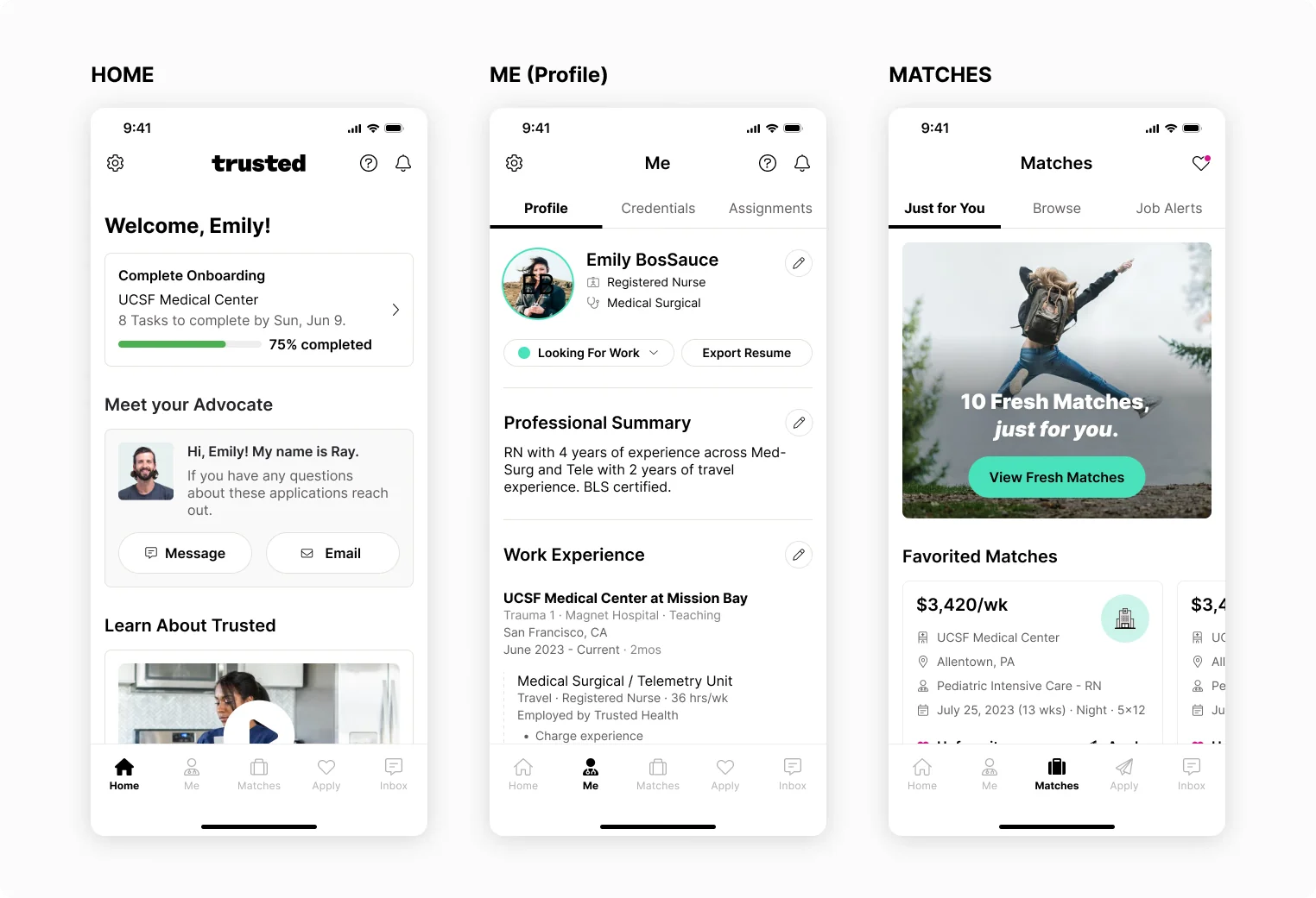 The redesigned app: Home, Me, and Matches