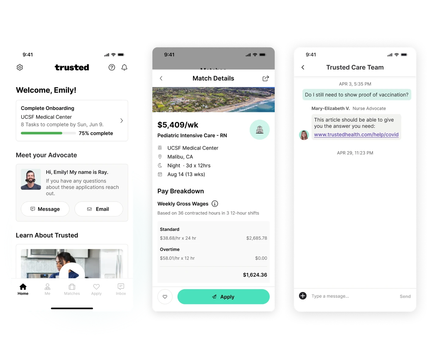 Three Trusted app screens: Home with onboarding progress, Match details with a pay breakdown, and the care team inbox