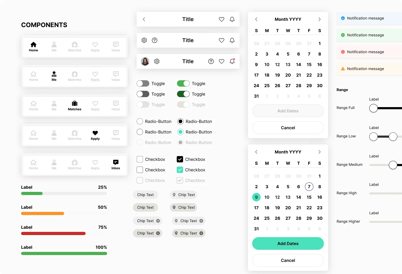 Mobile components: bottom navigation, headers, toggles, radios, checkboxes, chips, date picker, notifications, progress and range
