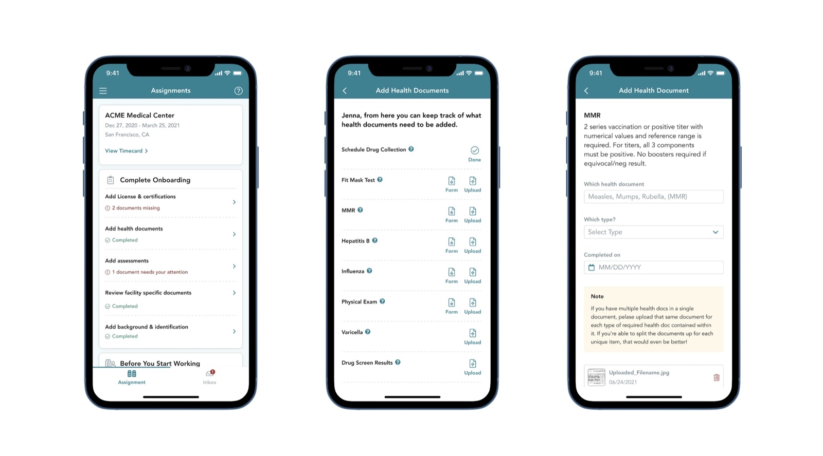 Three Trusted app screens: Assignments with an onboarding checklist, the health documents list, and a single document upload form