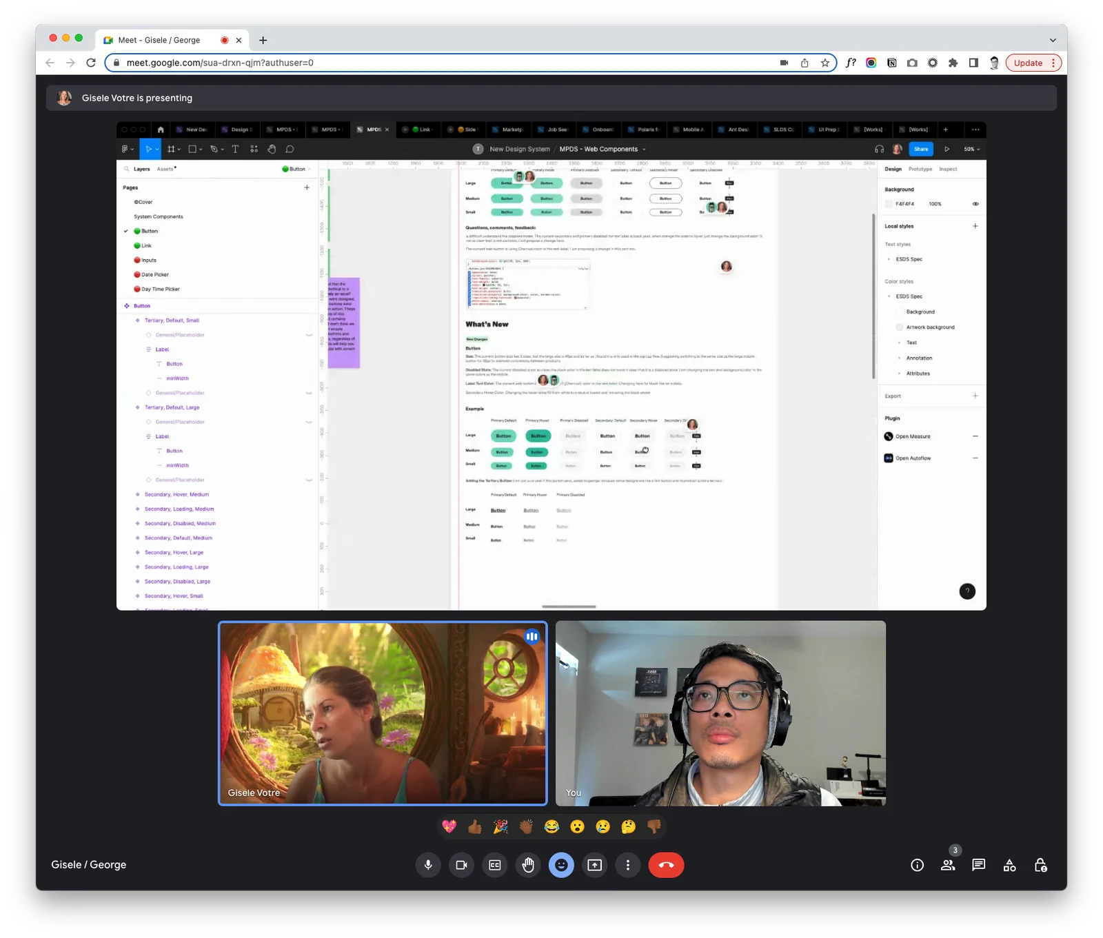 A remote working session with Gisele, reviewing button components in Figma over a video call