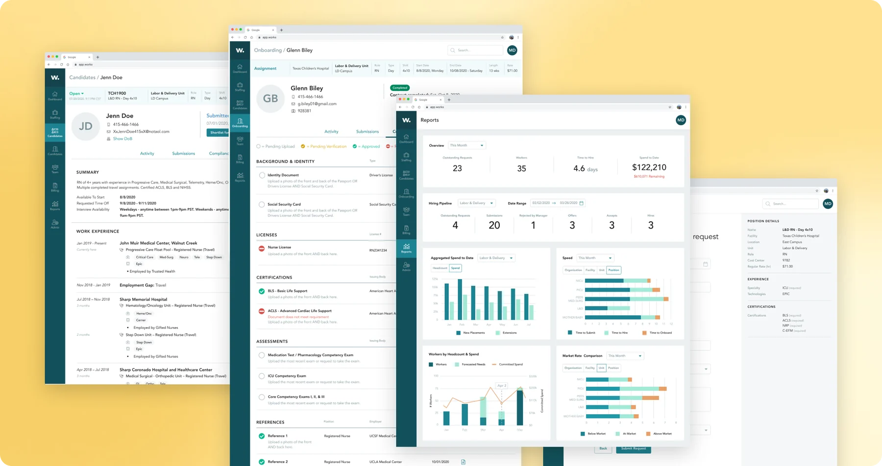 Trusted Works screens: a candidate profile, an onboarding compliance checklist, and the reports dashboard