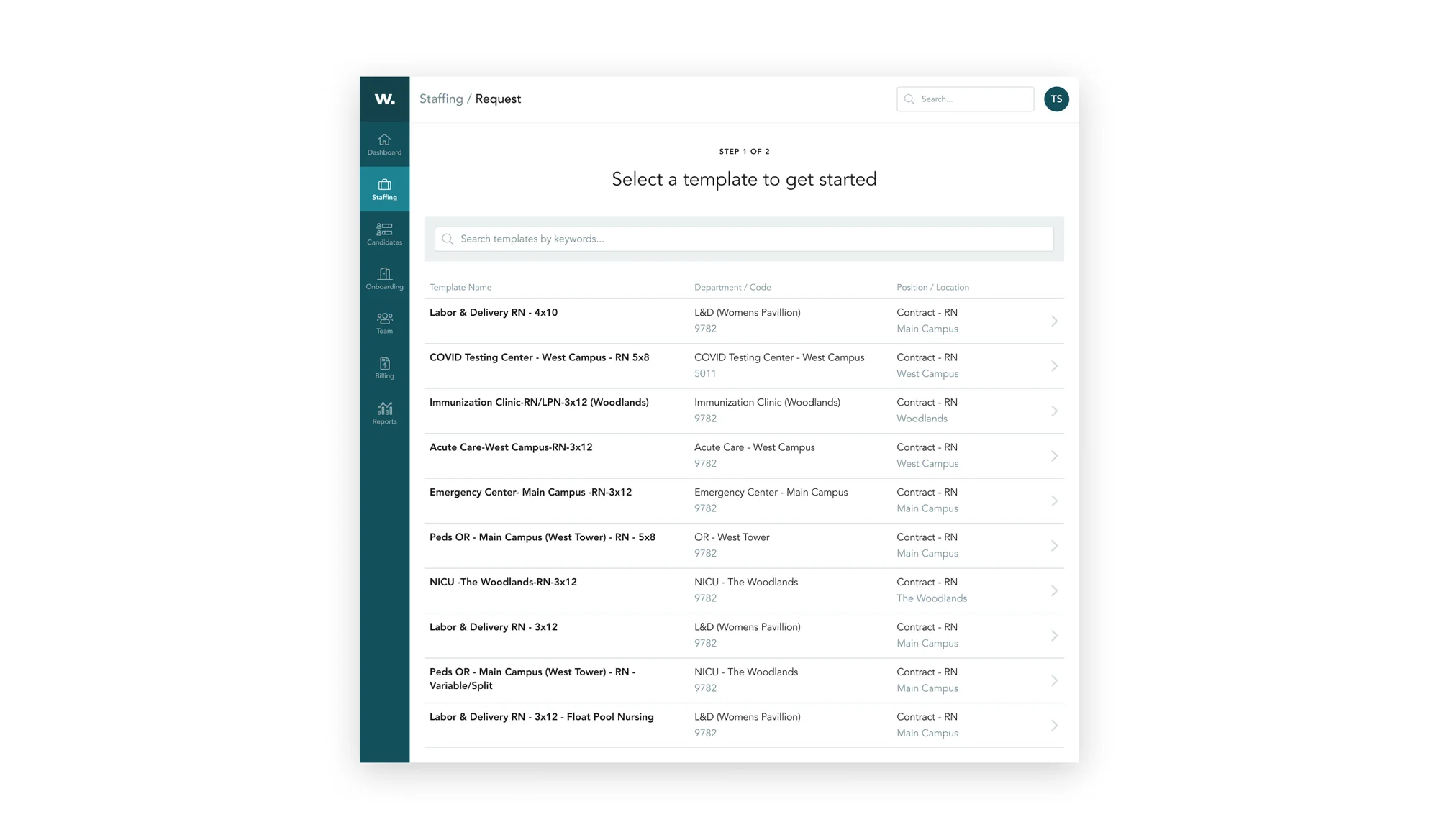 Staffing request, step 1 of 2: choosing a template