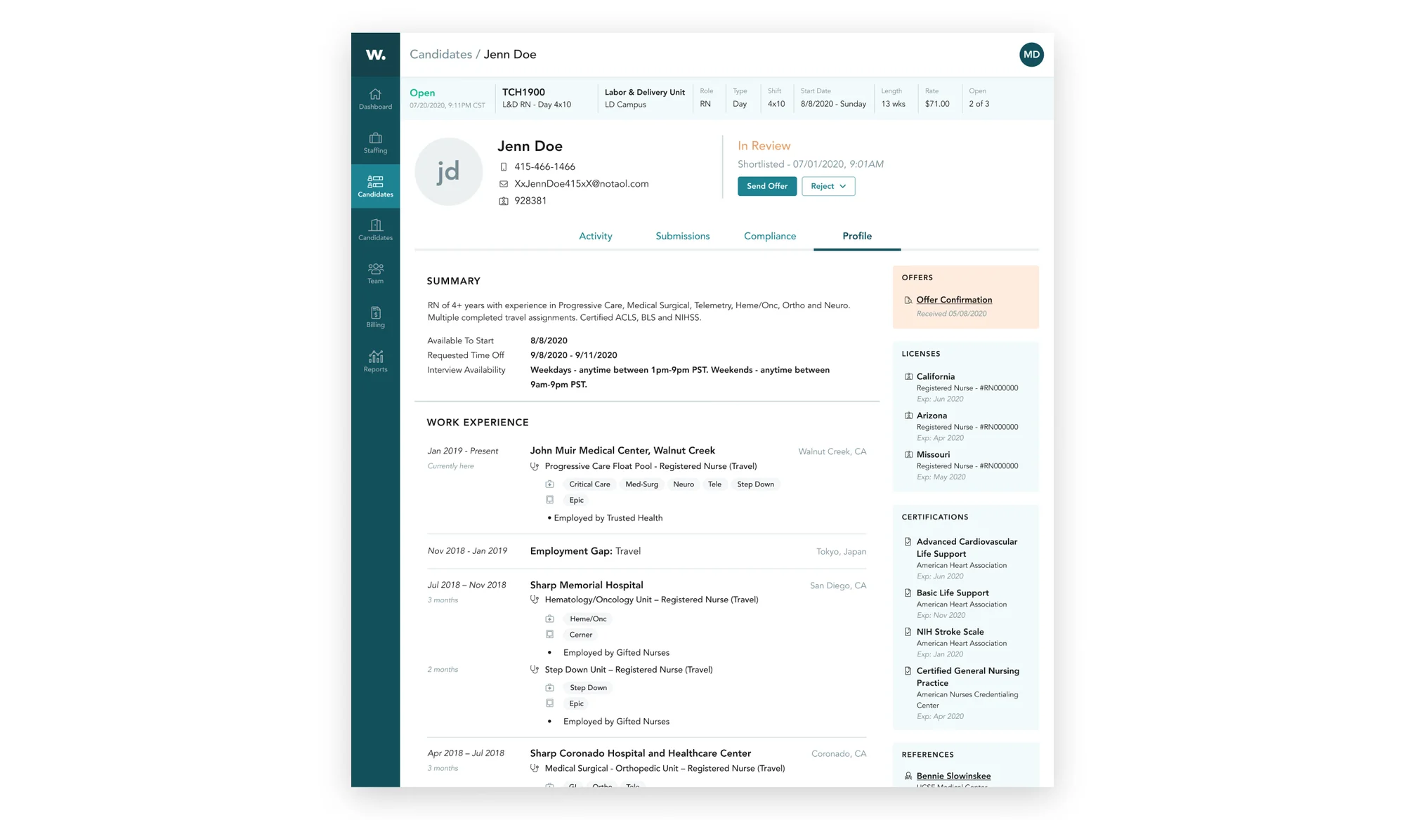 Candidate profile with summary, work experience, licenses and certifications, and offer actions