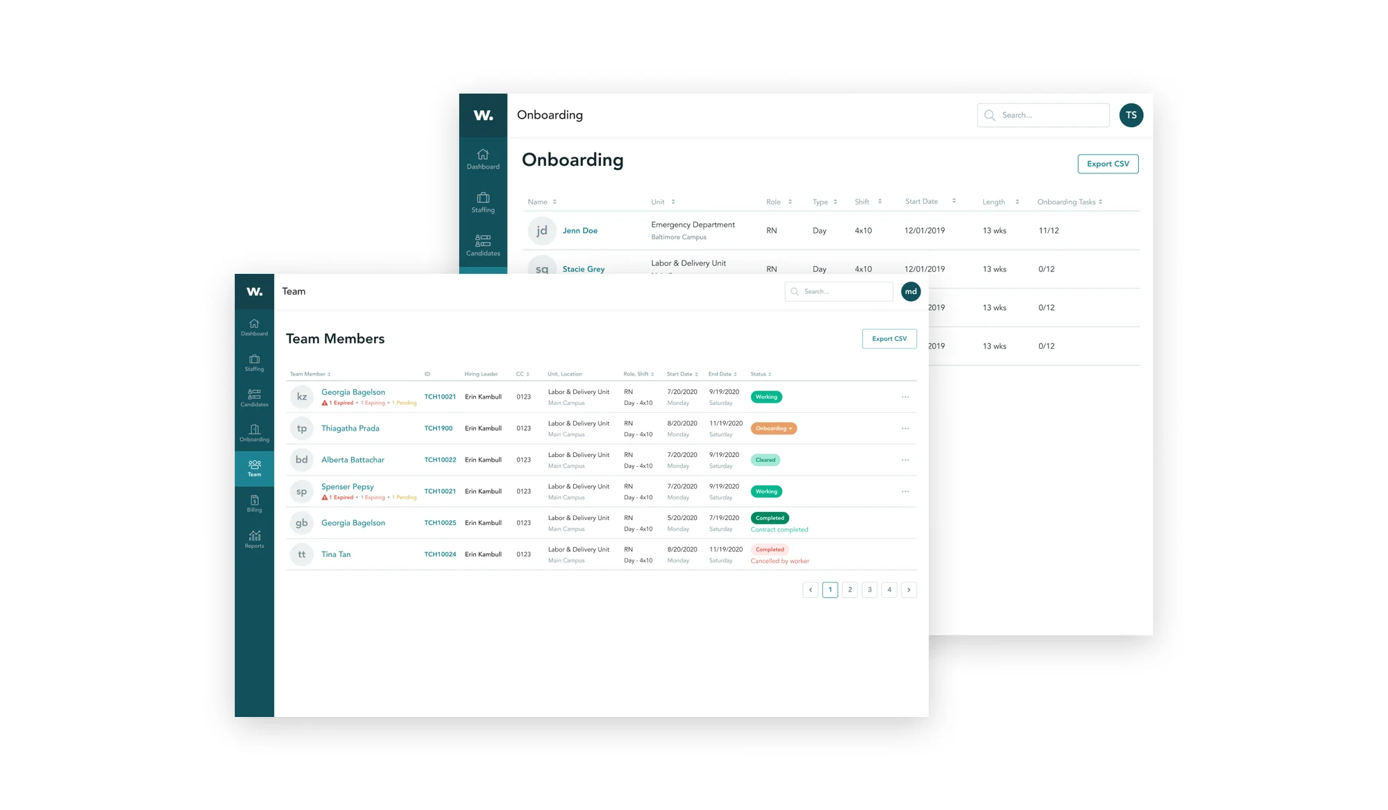 Onboarding and Team members tables