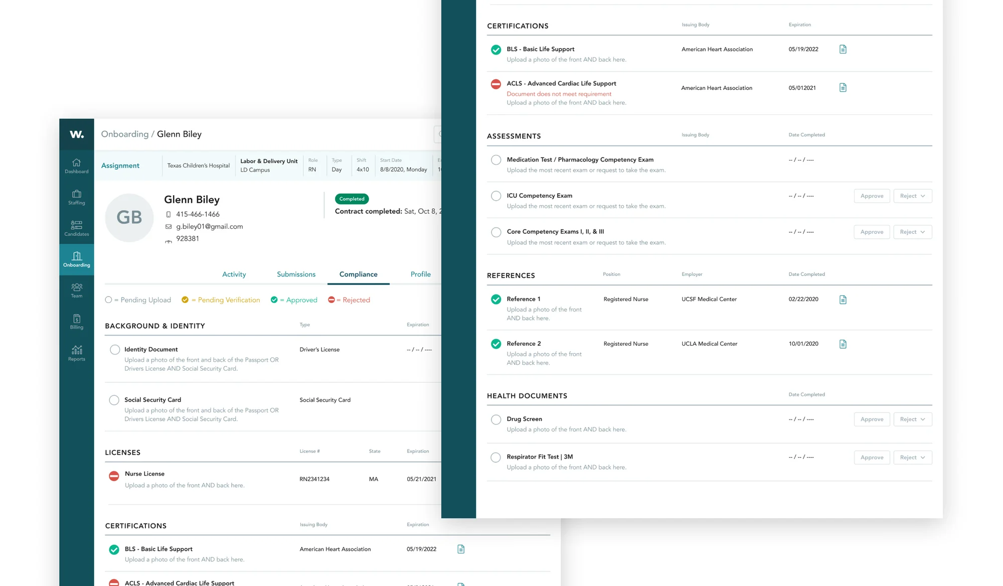 Onboarding compliance for a single worker, with approve and reject on each document