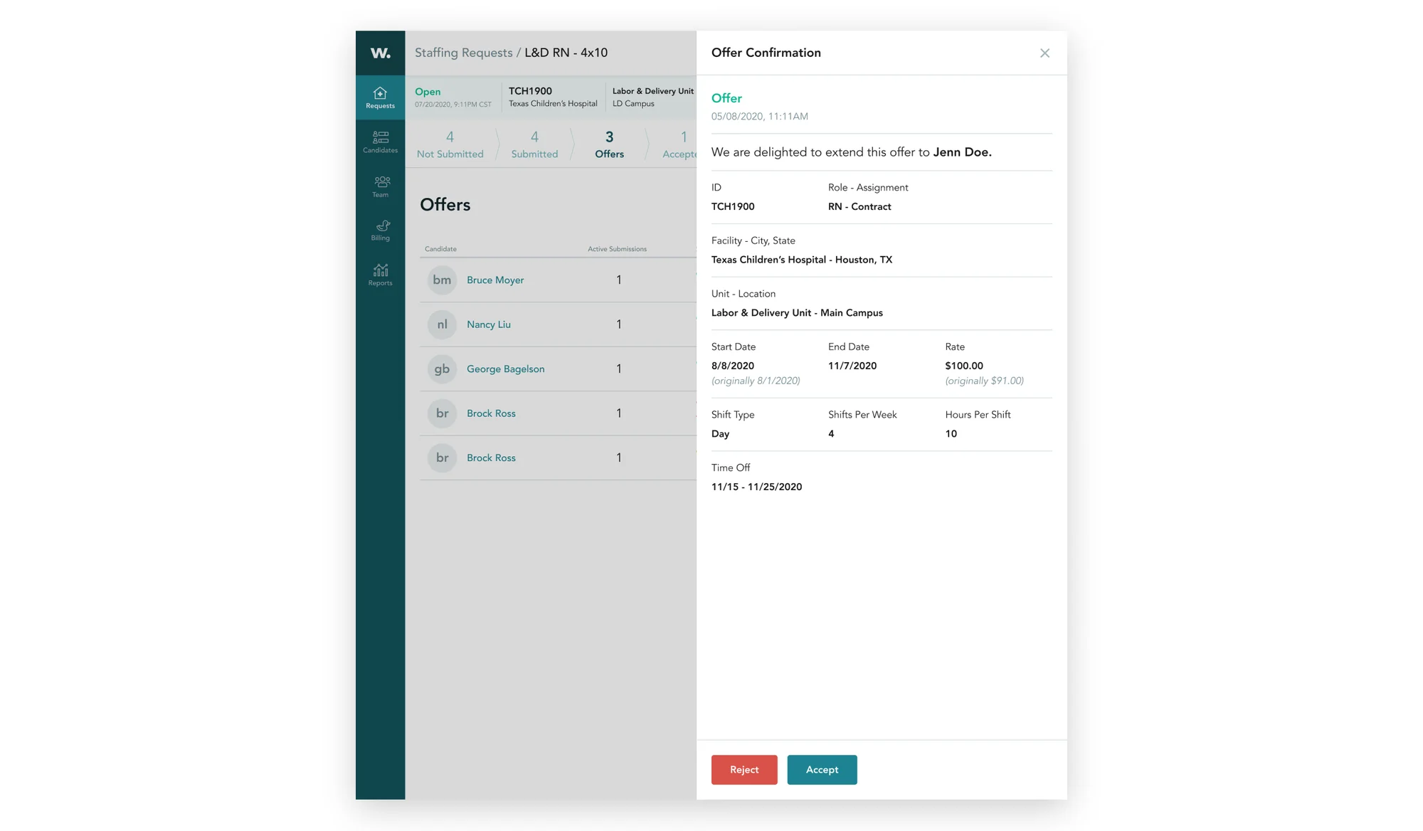 Offers list with the offer confirmation panel, showing accept and reject