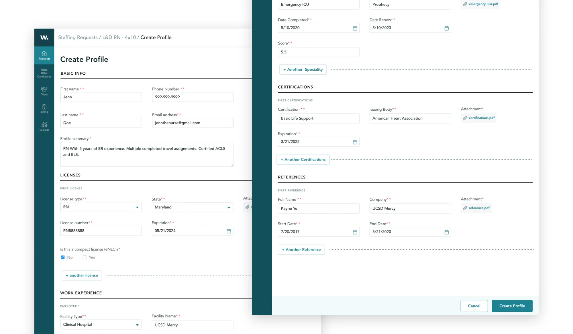 Create profile form: basic info, licenses, certifications and references