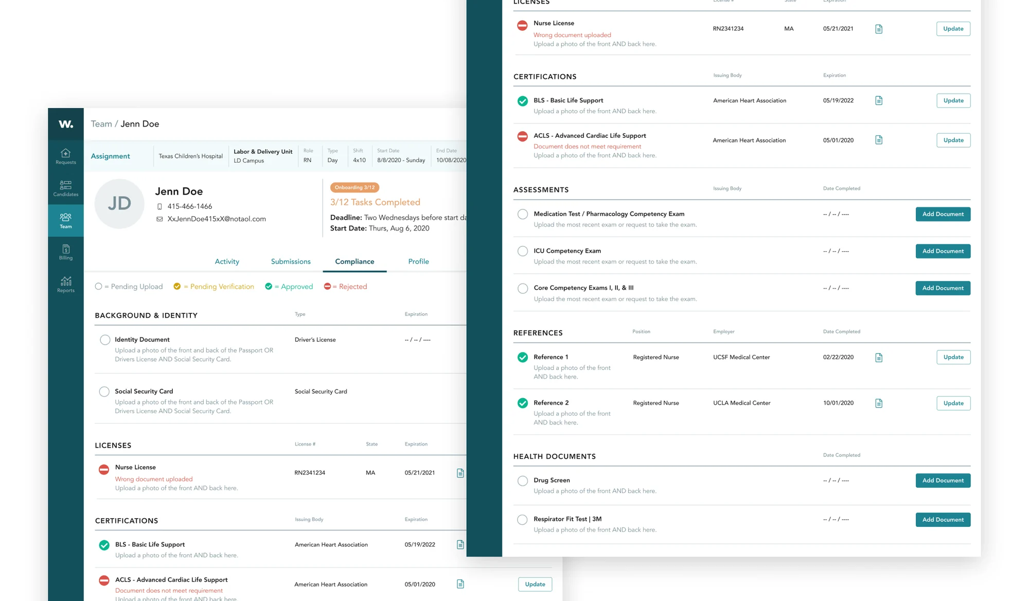 A worker’s compliance checklist across background, licenses, certifications, assessments, references and health documents